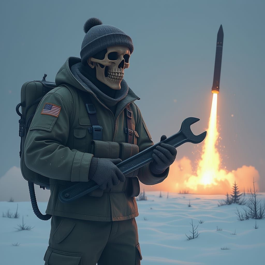 Skeleton Soldier Prepares Missile Launch in Snowy Landscape