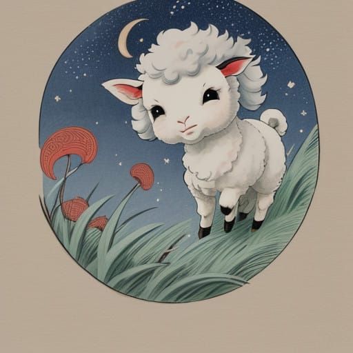 Traditional Japanese Woodblock Scene with a Distant Starlit....