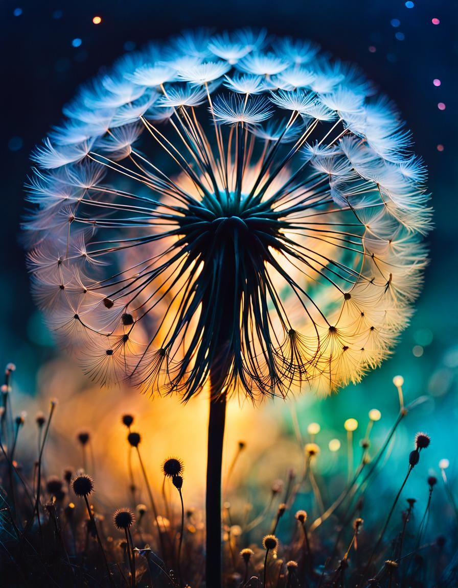 Bioluminescent Glass Dandelion in Cosmic Sky