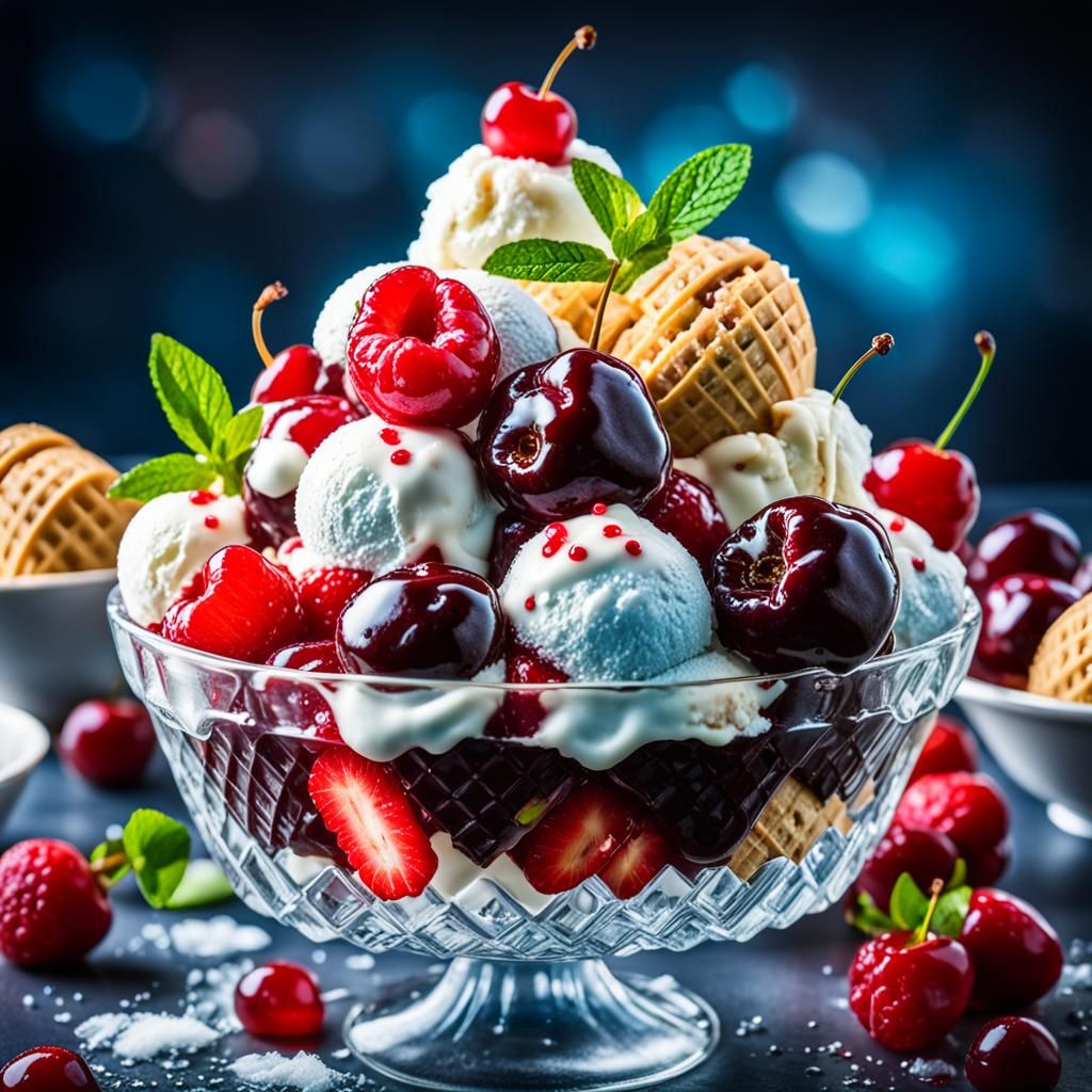 Hyperrealistic Cherries and Ice Cream Sundae