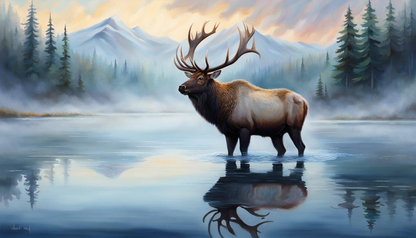 Majestic Elk of Mist in Ethereal Dawn Light