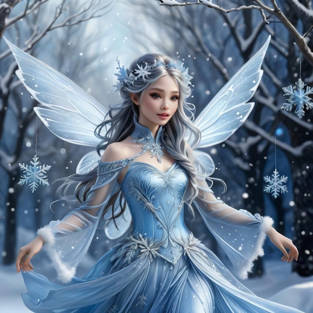 Winter Fairy in Anime Style Chasing Snowflakes