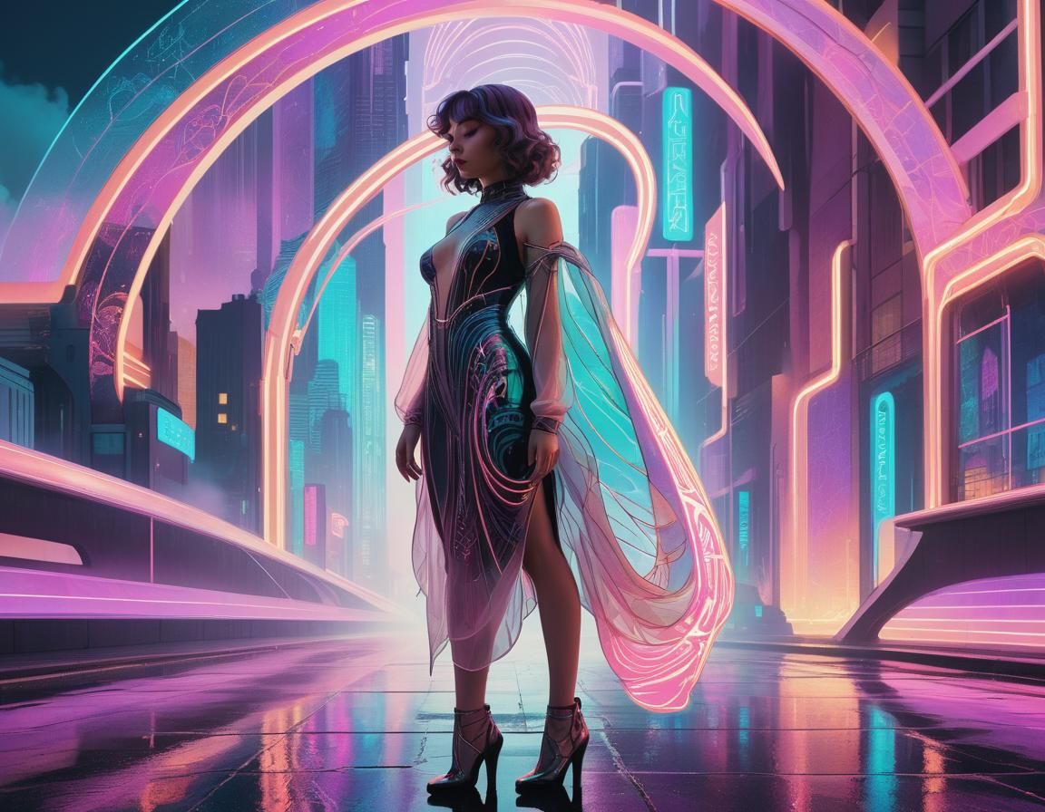 Vaporwave Art Nouveau in a Neon Cityscape