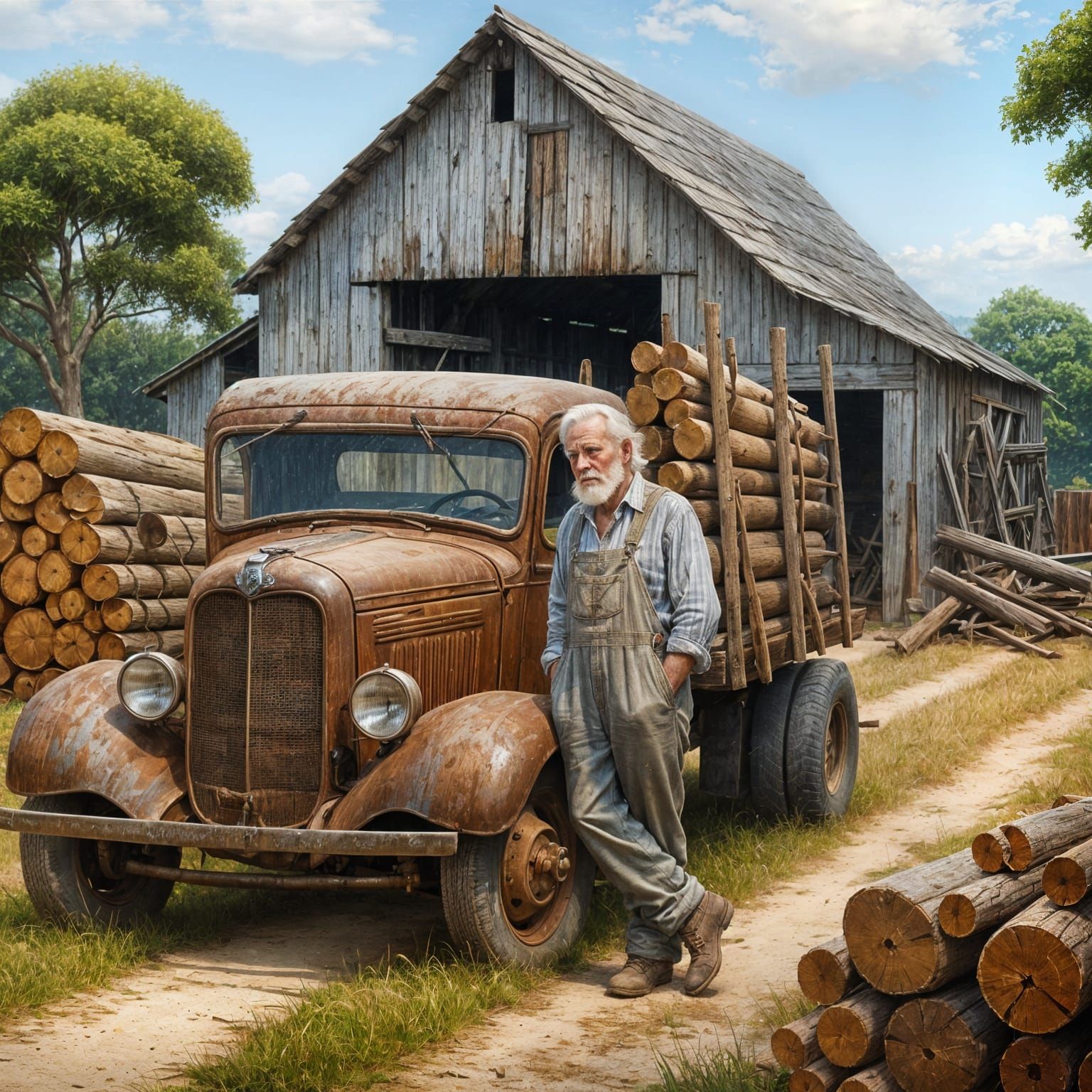 Nostalgic Oil Painting of Rural Life and Vintage Truck