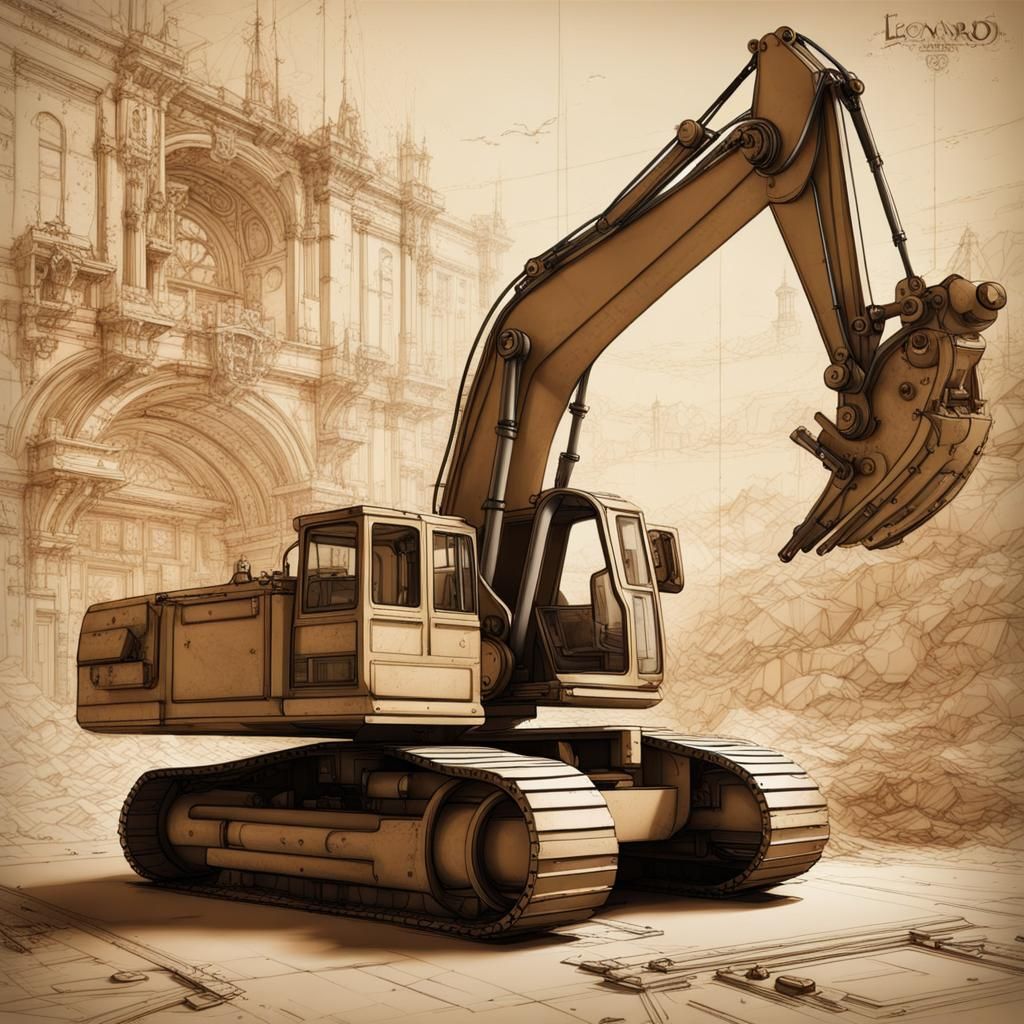 Excavator Technical Drawing in Leonardo da Vinci Style