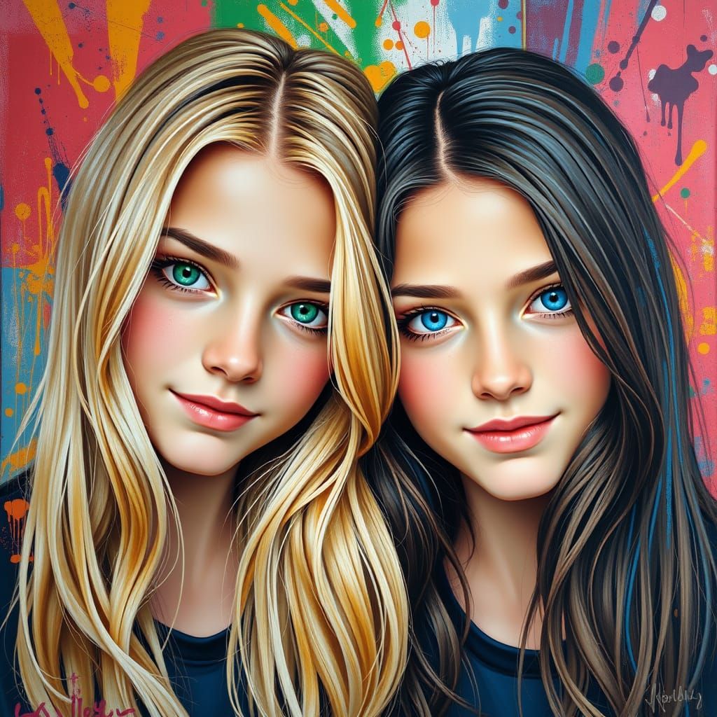 Twin Goddesses in Vibrant Street Art Style