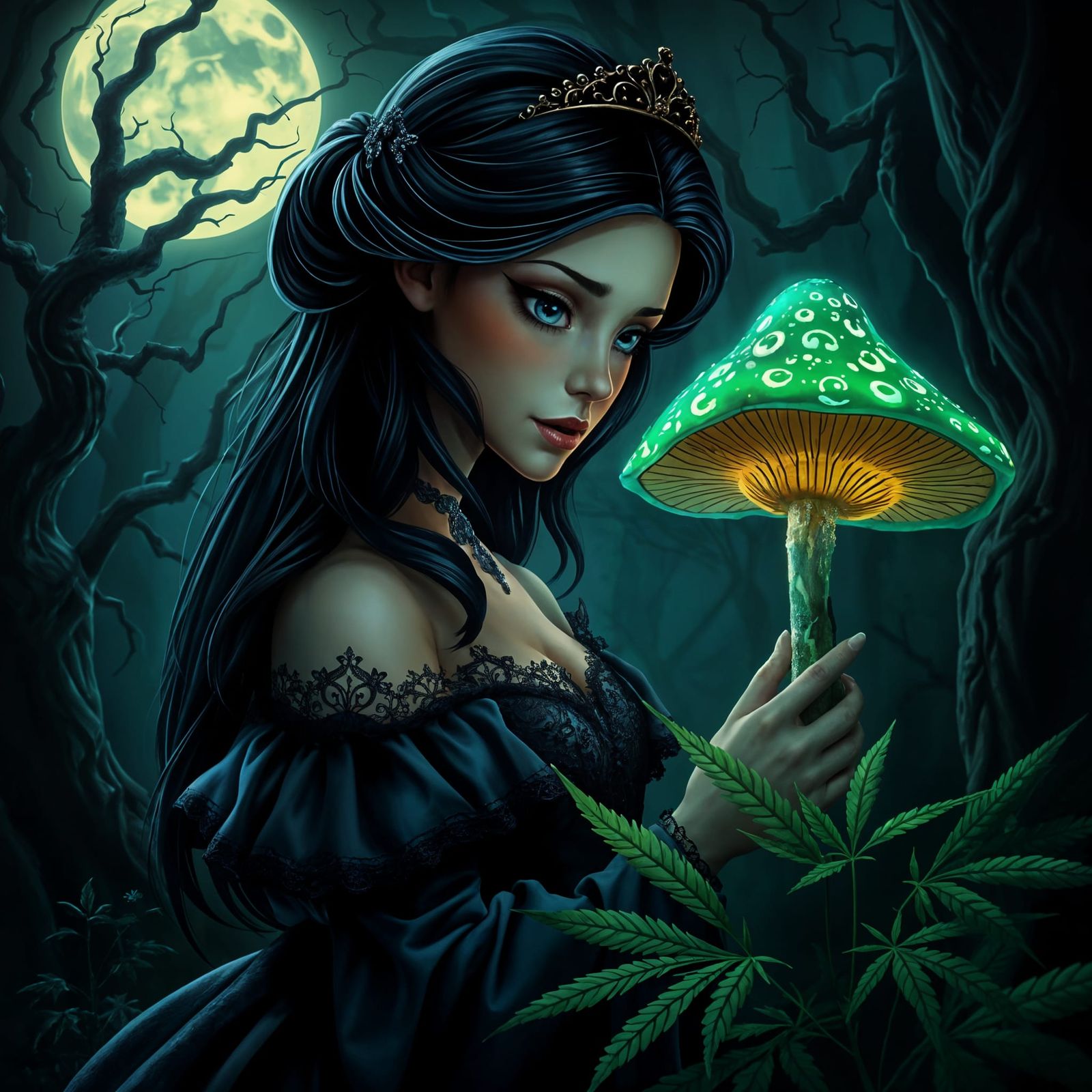 Enchanted Princess Admires Luminous Mushroom in Whimsical Fo...
