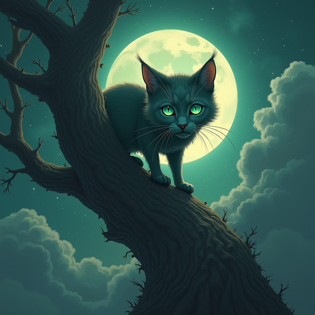 Grey Cat Ascends Mystical Tree Under Moonlight