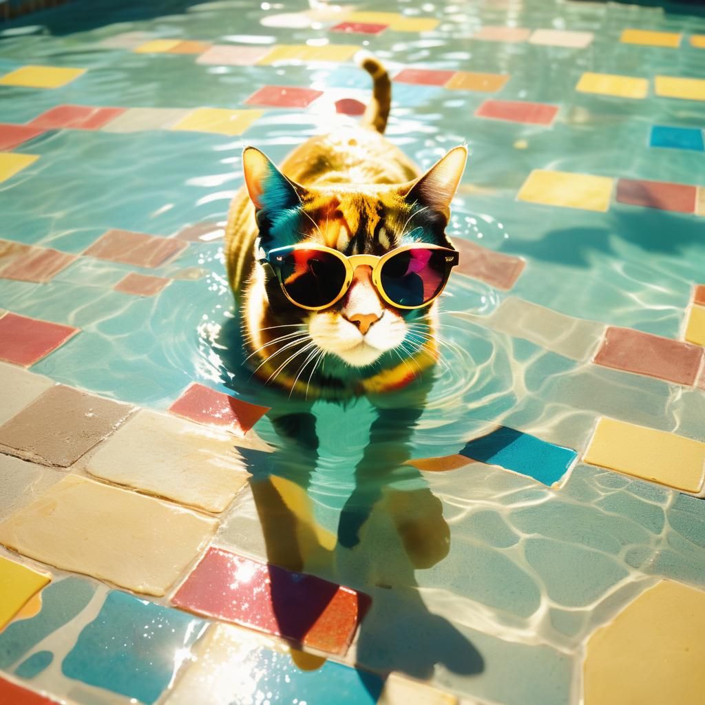 Cat in Sunglasses at Pool: Cinematic Film Still