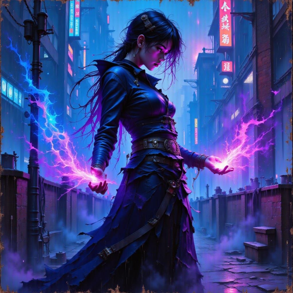 Cyberpunk Techno-Mage Casting Neon Spell