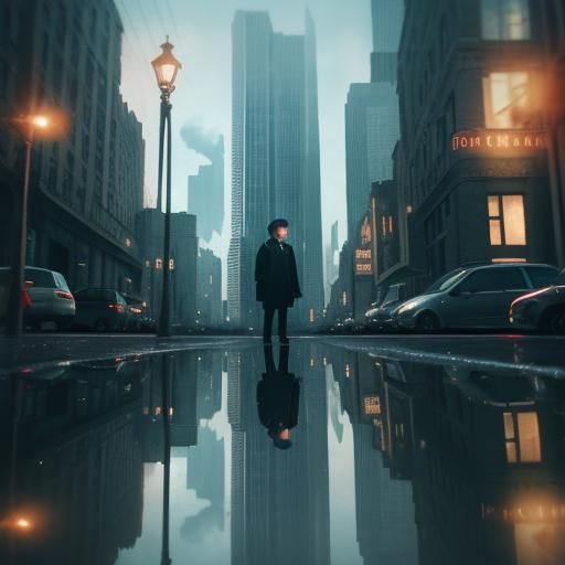 City Reflection in Puddle: Cinematic Film Still