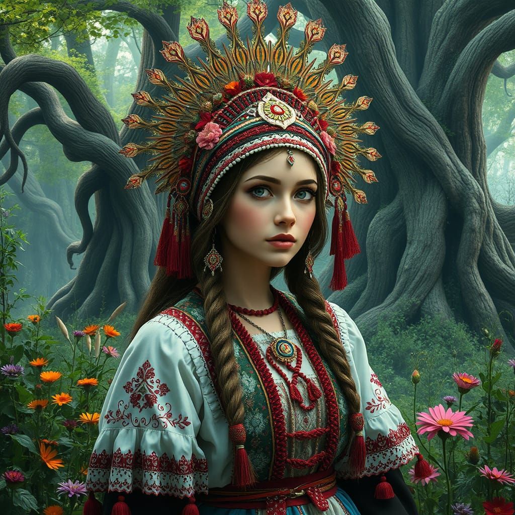 Slovakian Folklore Goddess in Whimsical Forest