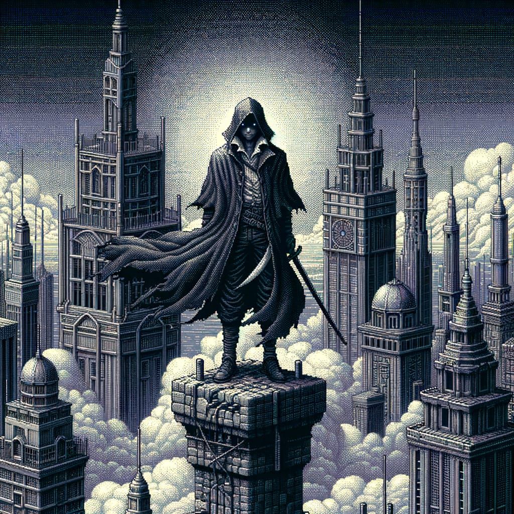 Enigmatic Figure Overlooking City in 8-bit Pixel Art