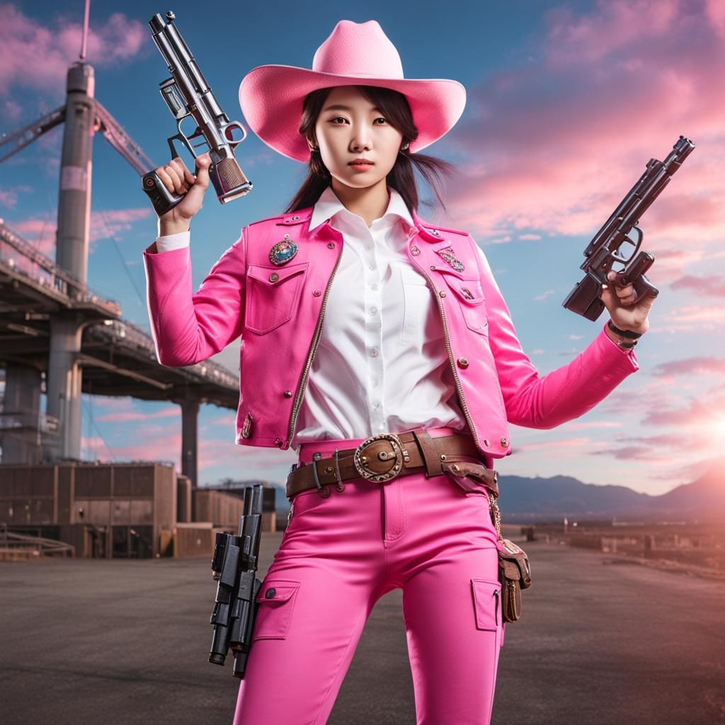 Korean cowgirl with pink hat, pink vest, white shirt, pink pants, pink jacket shoots two guns at lock.