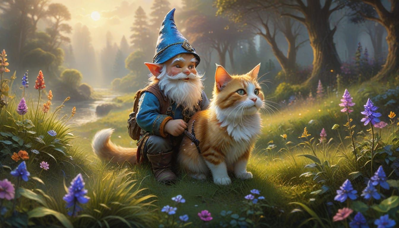 Gnome Boy Rides Cat in Lush Meadow