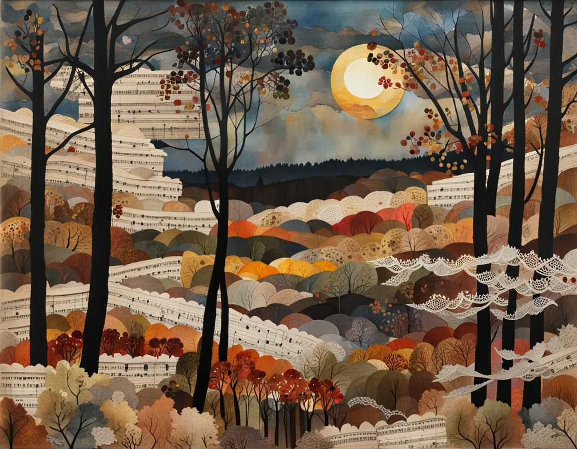 Autumn Landscape Shines: Mixed Media Collage Painting
