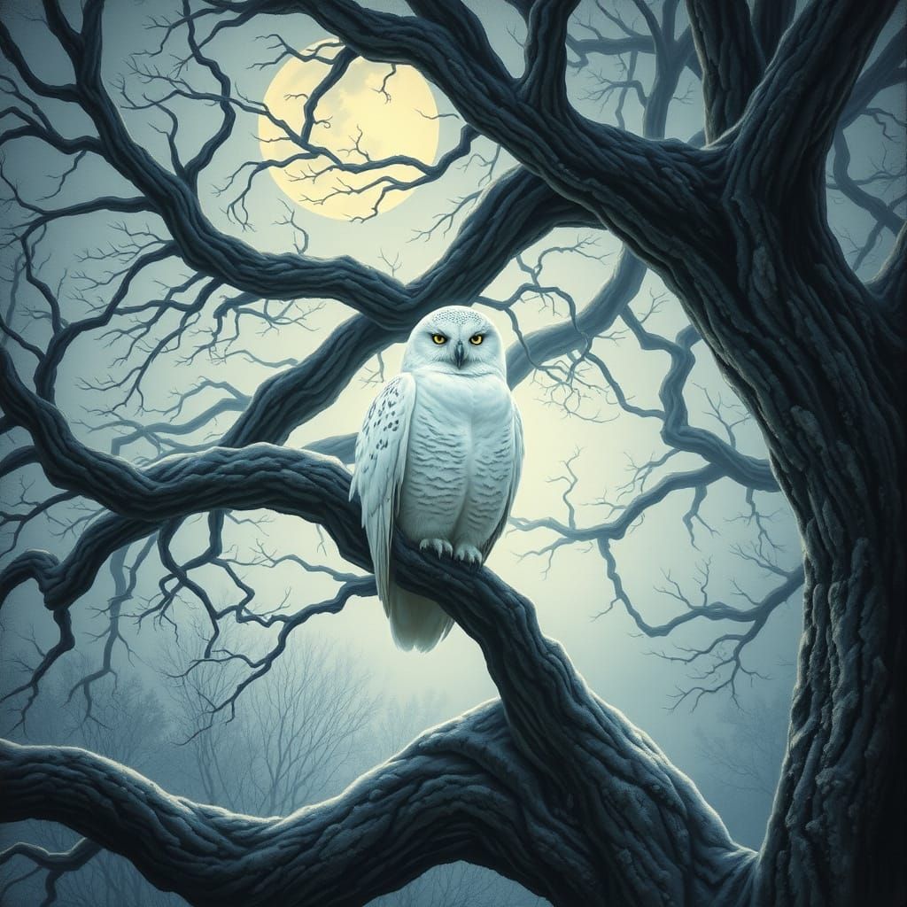 Snowy Owl in Moonlit Forest: Pre-Raphaelite Fantasy