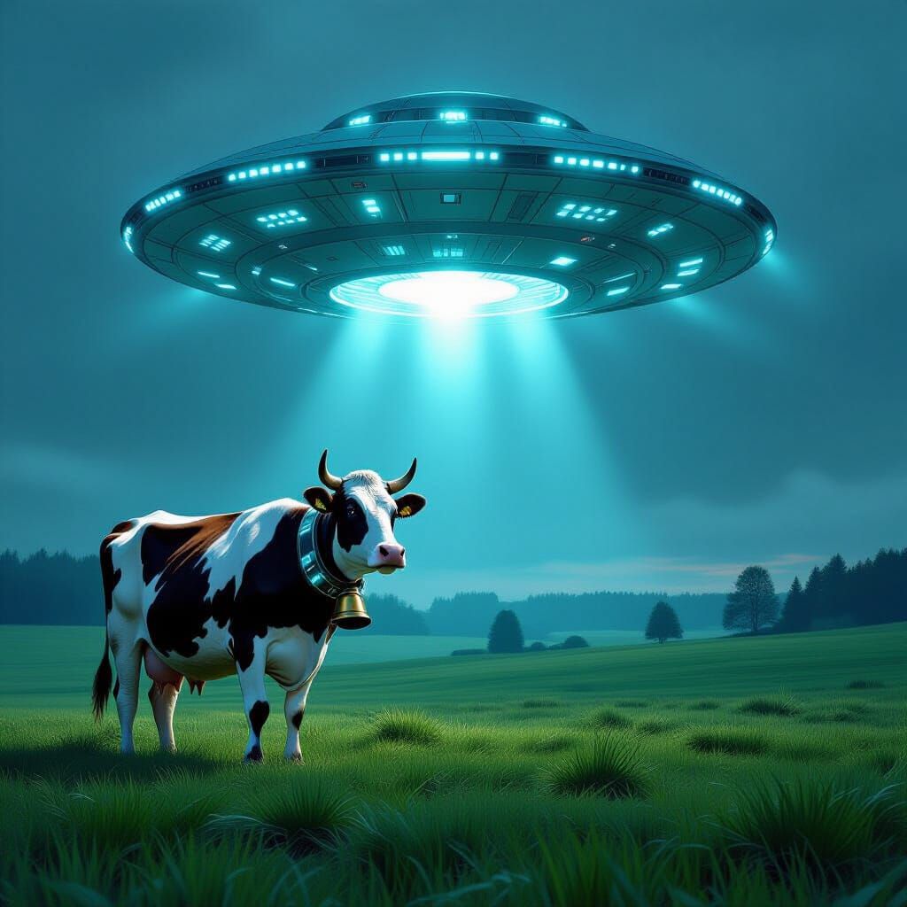 Cow Abduction by Spaceship in Dystopian Sci-Fi Style