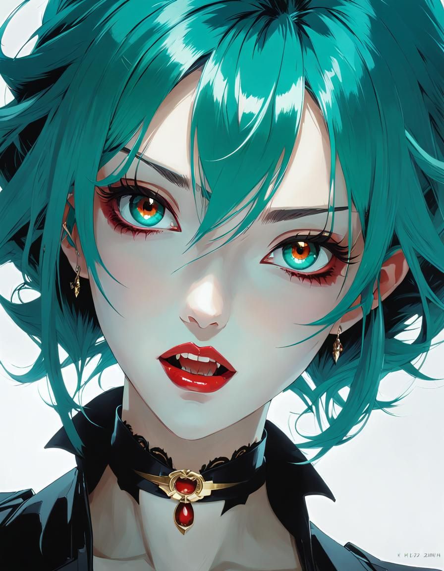 Anime Vampire with Teal Hair and Fangs