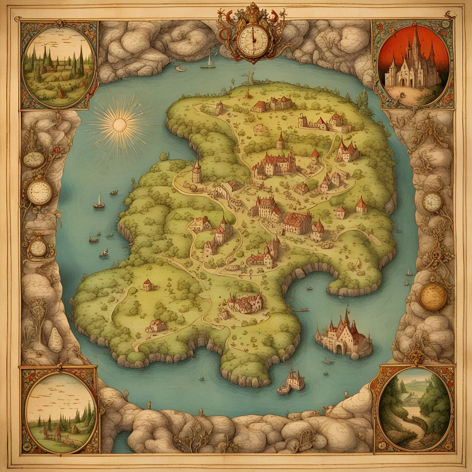 Mystical Medieval Map in Pale Pencil Drawing