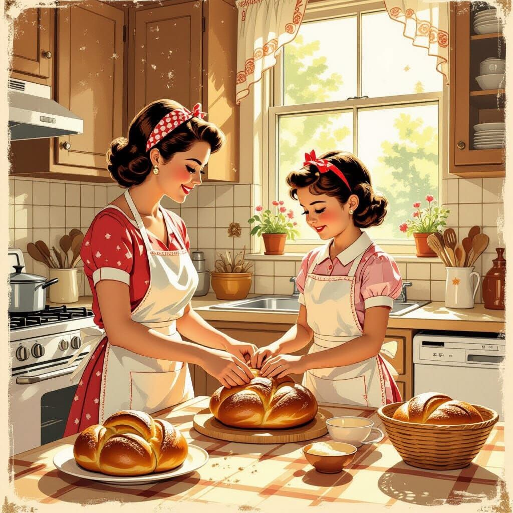 1950s Kitchen: Mother and Daughter Baking Challah