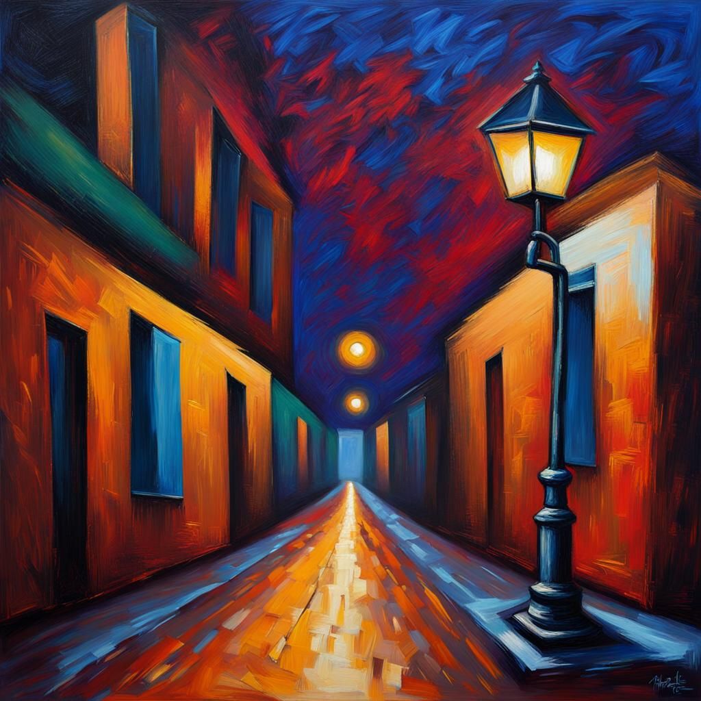 Mysterious Lonely Street: Neo-Impressionist Oil Painting