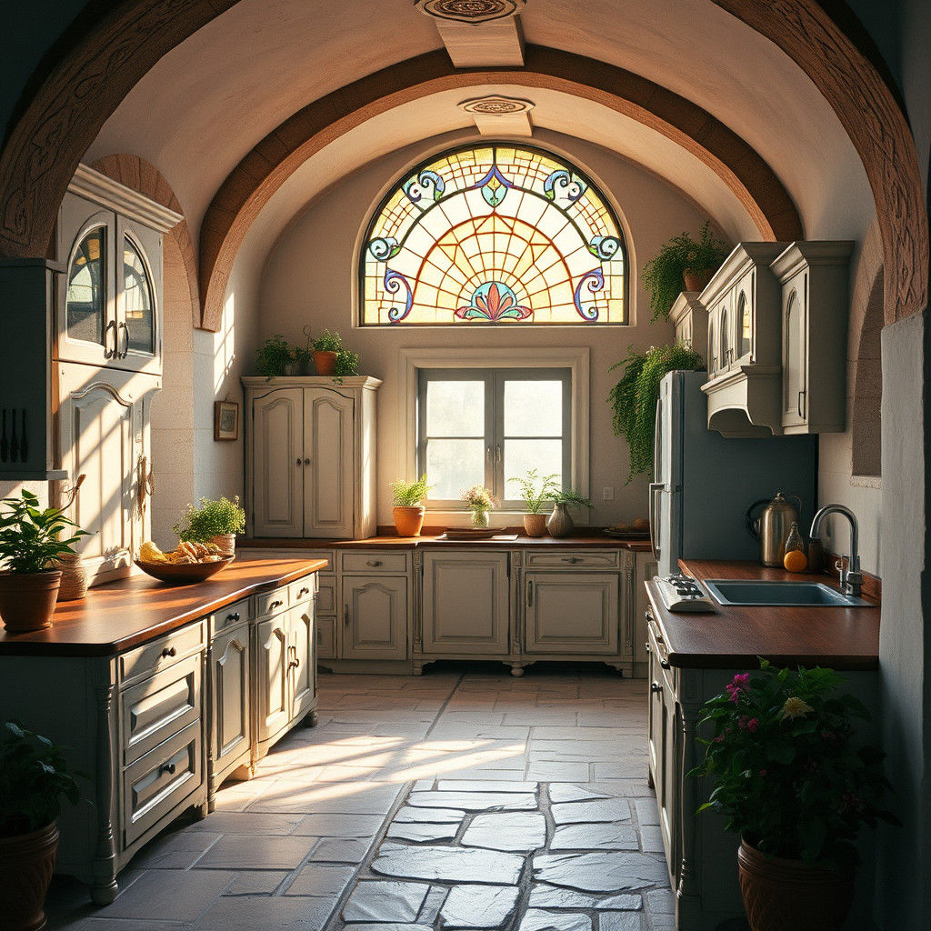 Inviting Italian Fantasy Kitchen with Stone Arches