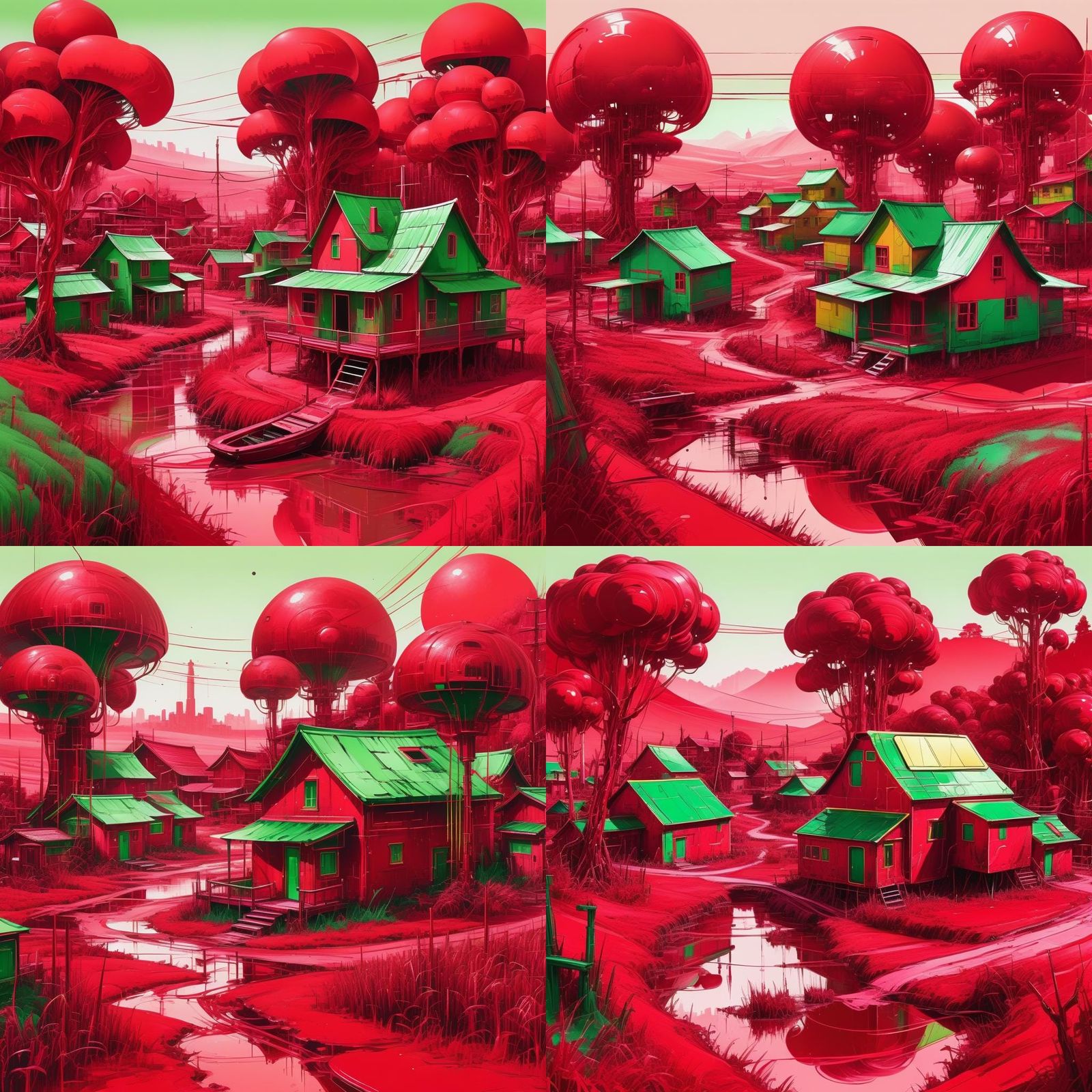 Retrofuturistic Crimson Village in Ink and Brush Style