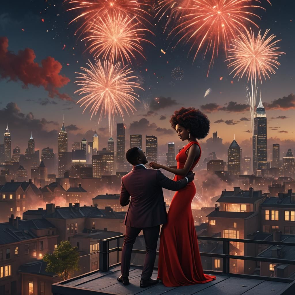 Rooftop Proposal with Fireworks in Detailed Matte Painting