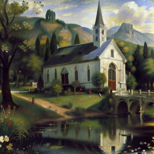 Picturesque Church in a Country Setting, 19th-Century Style