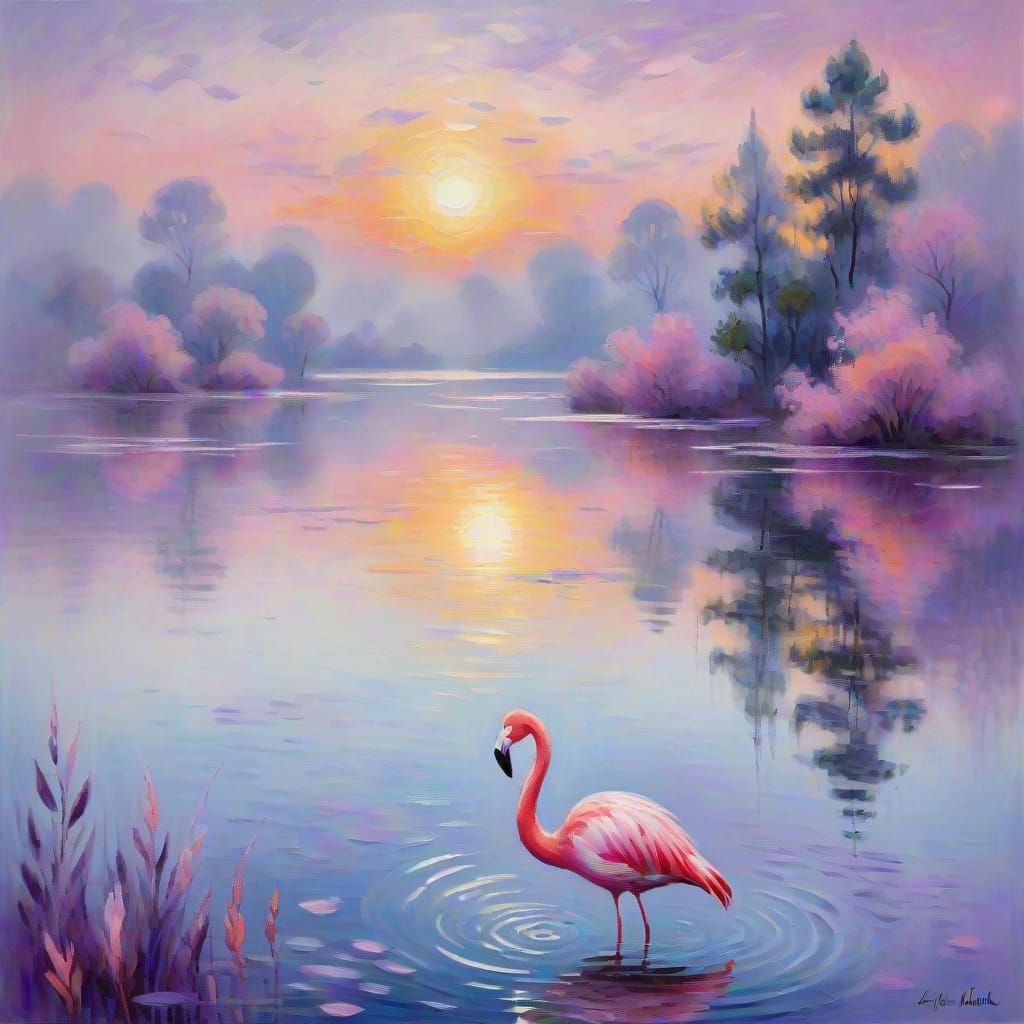 Surreal Sunset Flamingo in Impressionist Style