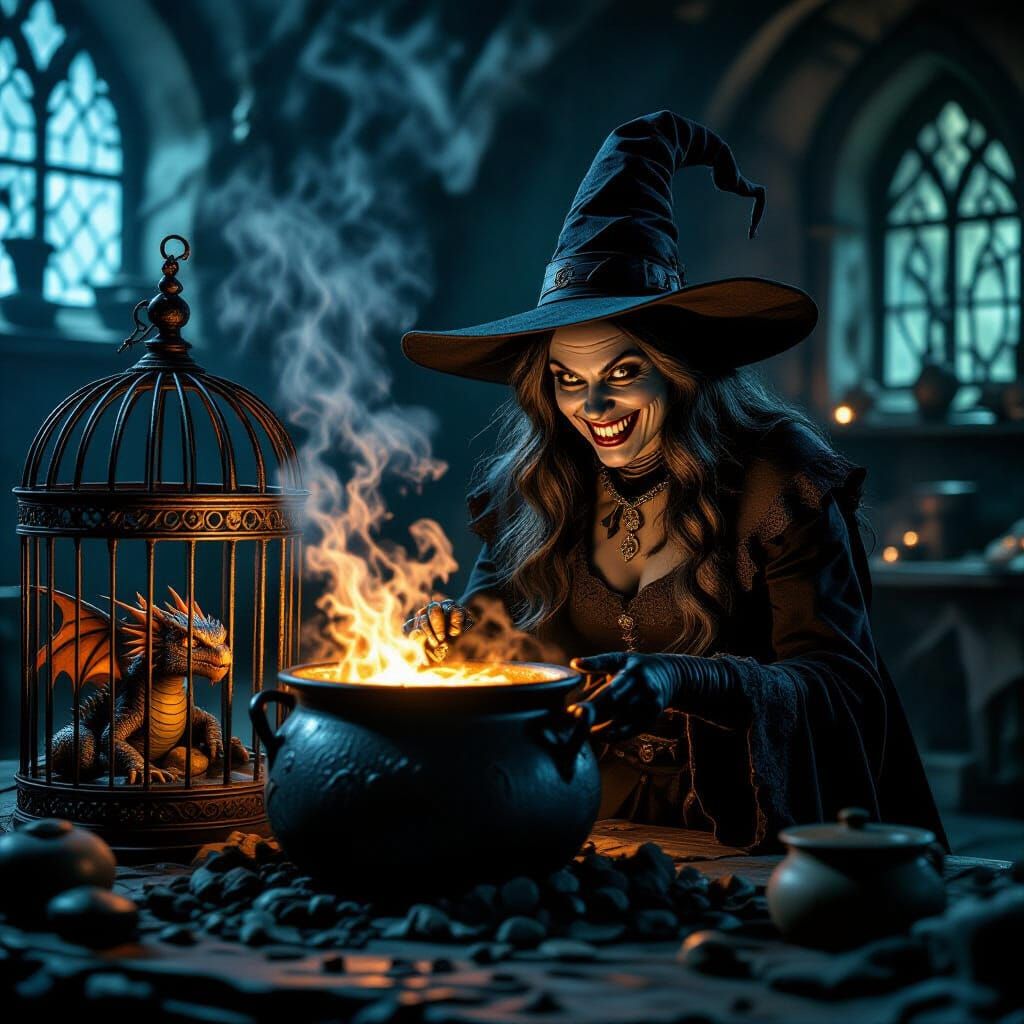 Menacing Witch Cooks Potions With Dragons in Cage