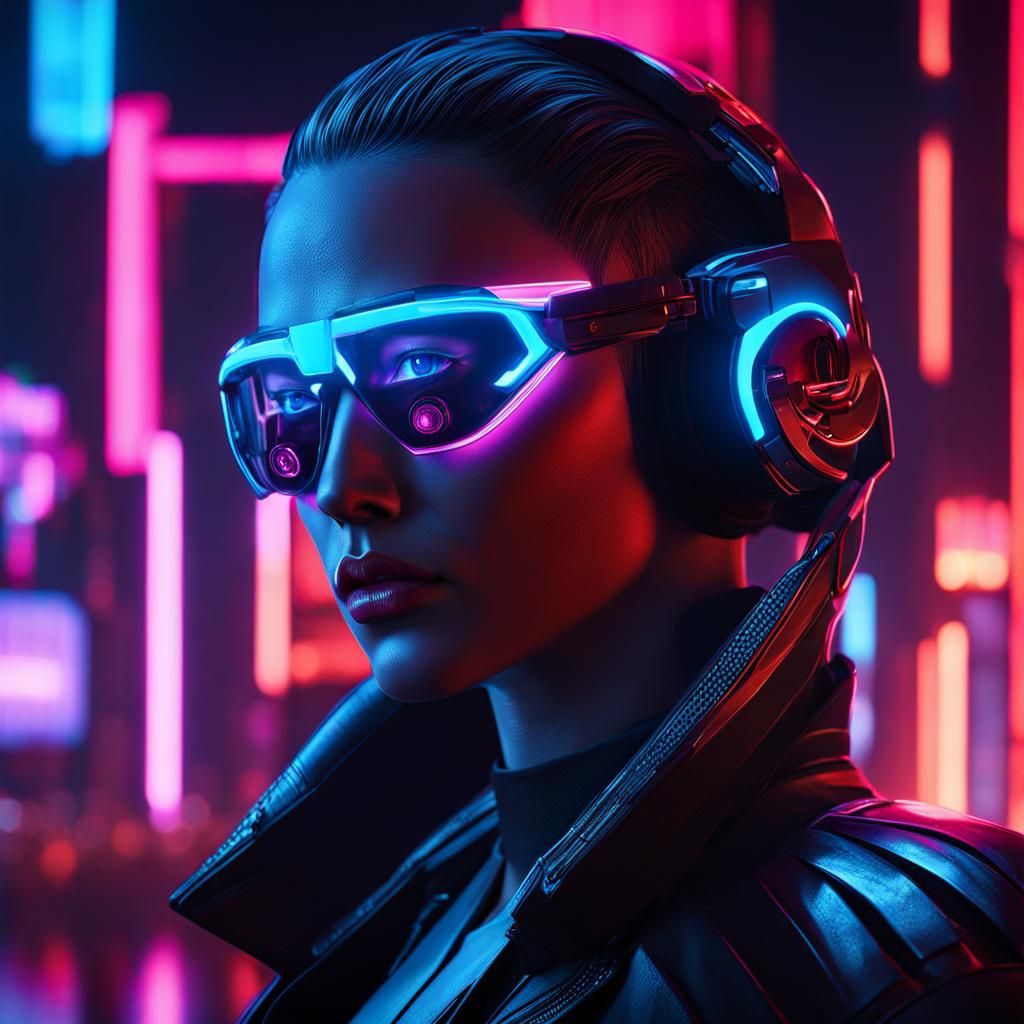 Cyberpunk Time Guardian Face Reflecting Neon City