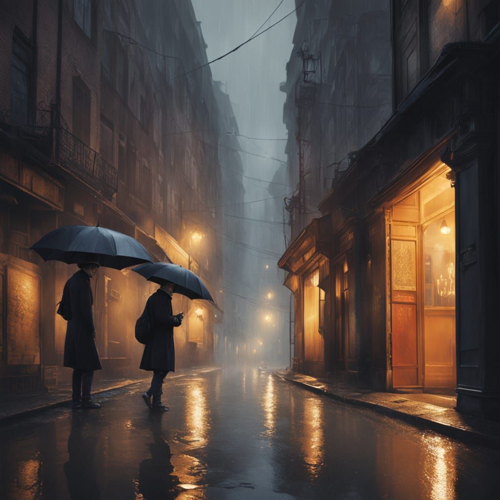 Rainy Cityscape with Neon Reflections: Synthetism Style