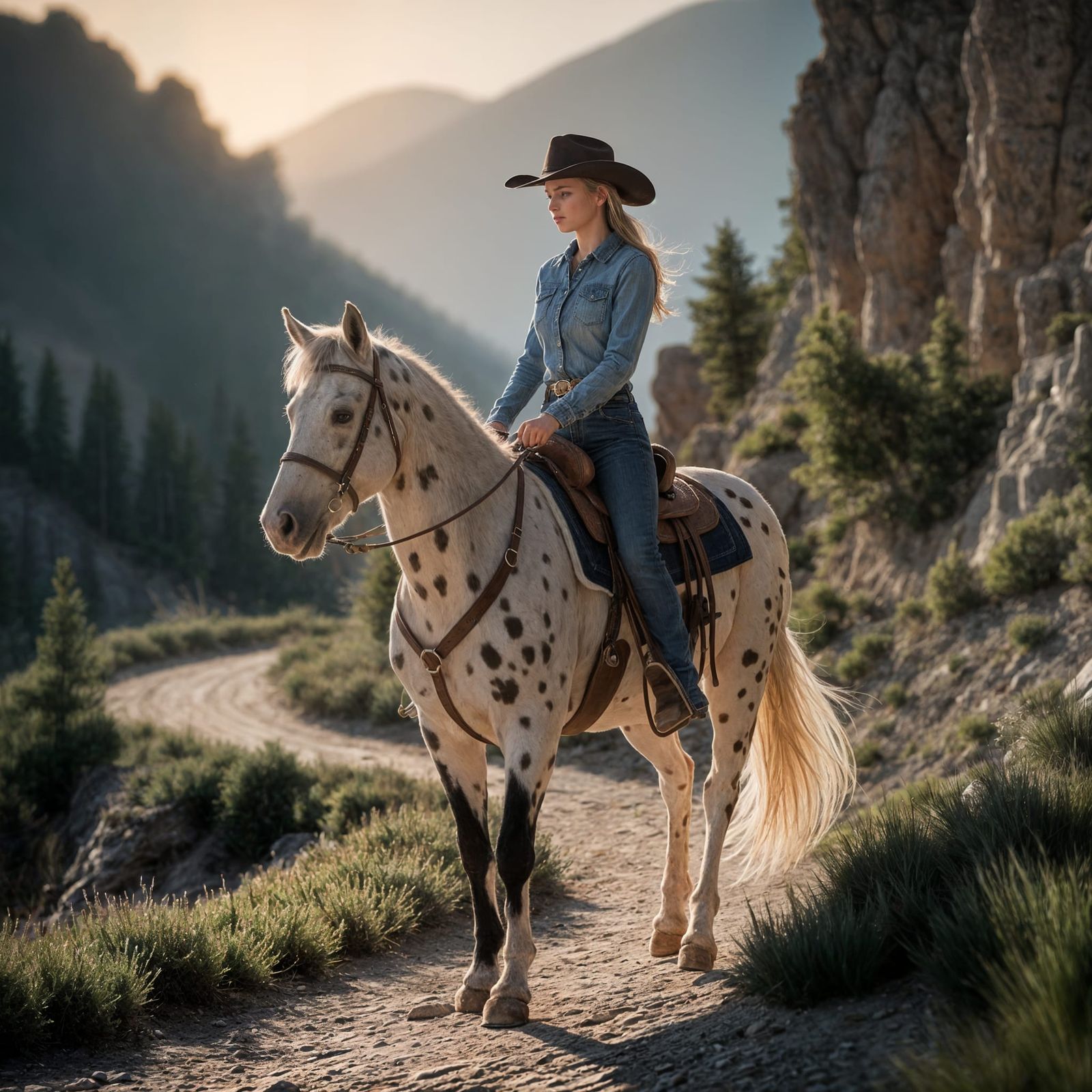 Young Woman Rides Appaloosa on Mountain Trail in Hyperrealis...