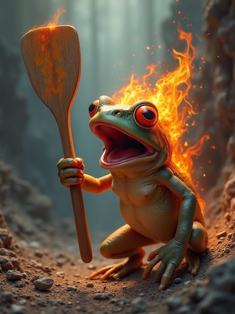 Surprised Fire Demon Frog Finds Spatula