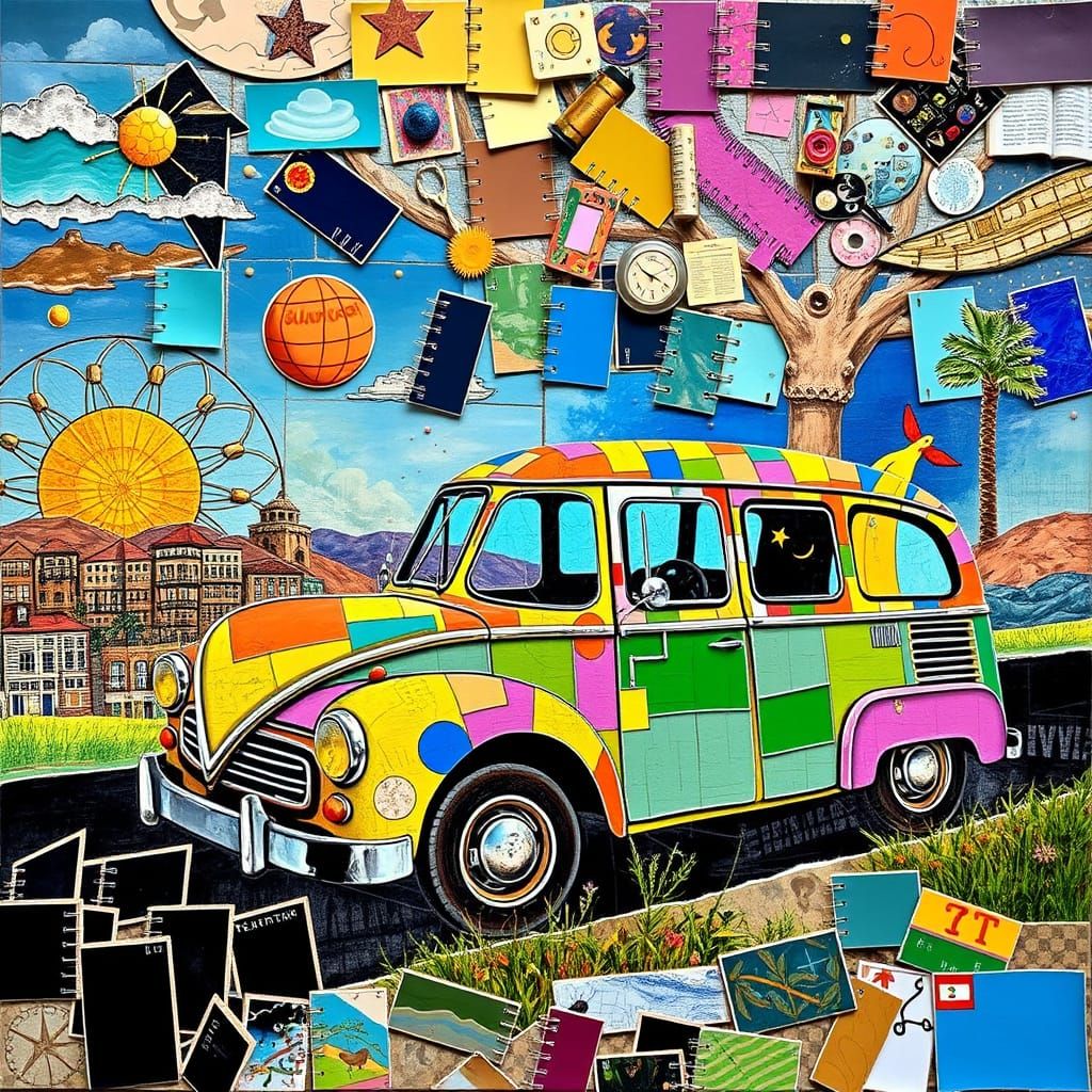 Vibrant Surreal Mosaic Dreamscape with Coffee Car