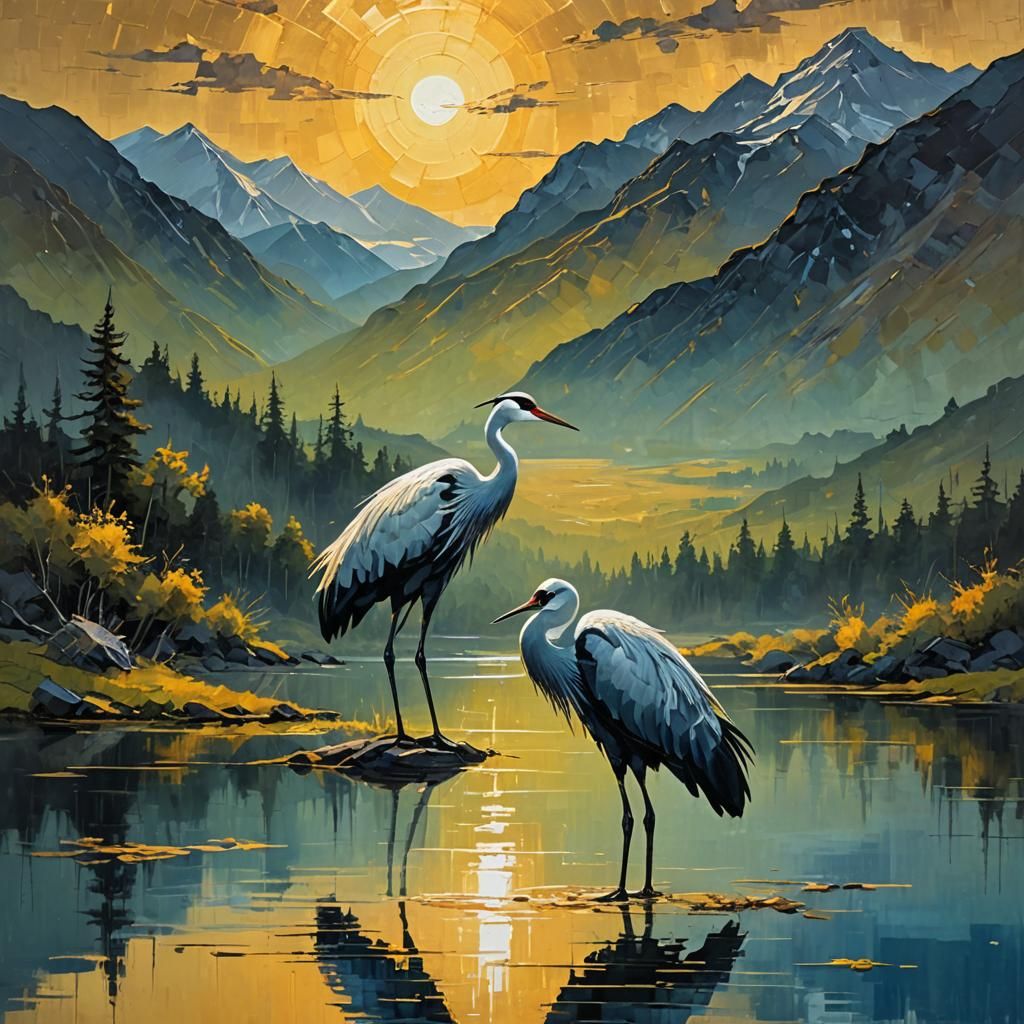 Crane Bird in Lake: Impasto Oil Painting