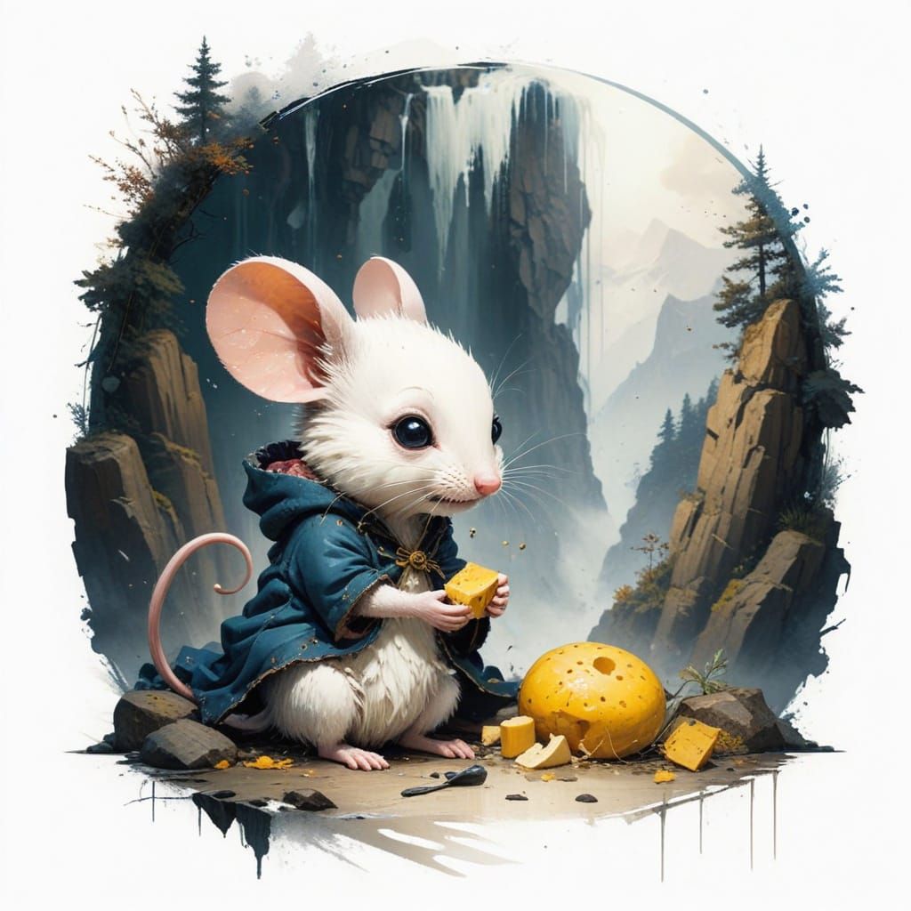 Small Mouse Under Majestic Frozen Waterfall in Snowy Mountai...