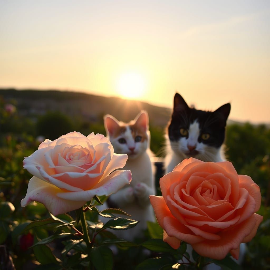Roses and Cat in a Sunny Landscape