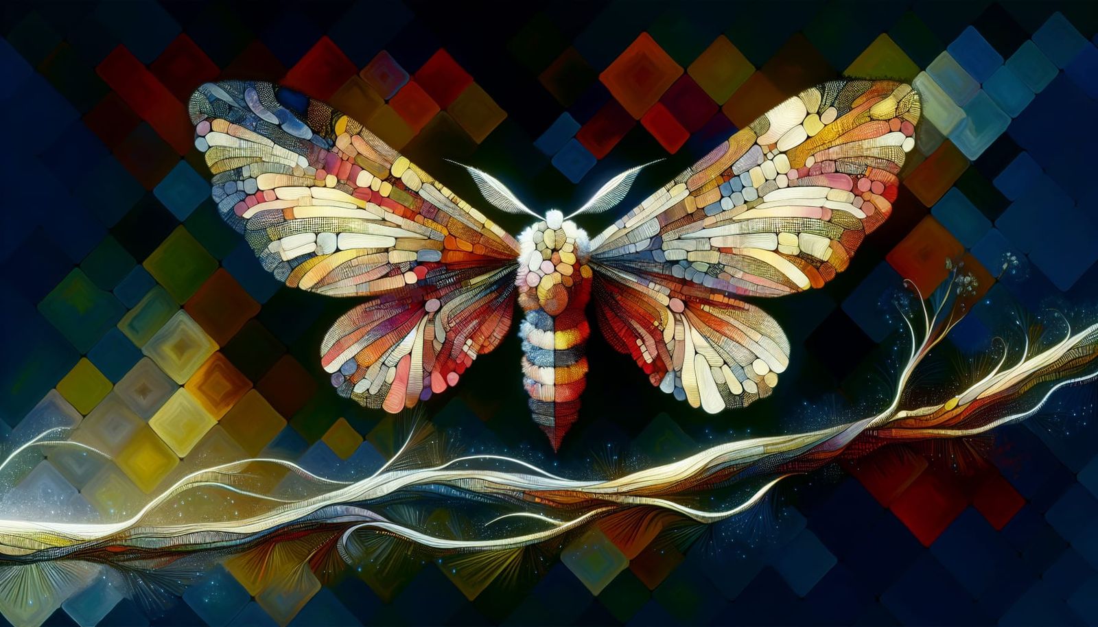 Whimsical Oil Painting of a Majestic Moth in Gingham Pattern