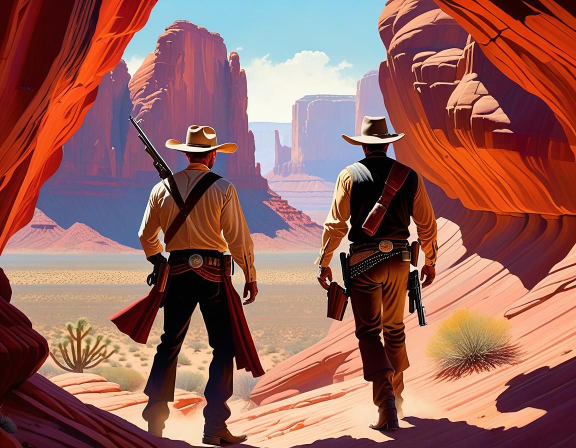 Cowboy Duel in Desert Canyon, Rockwell and Struzan Style