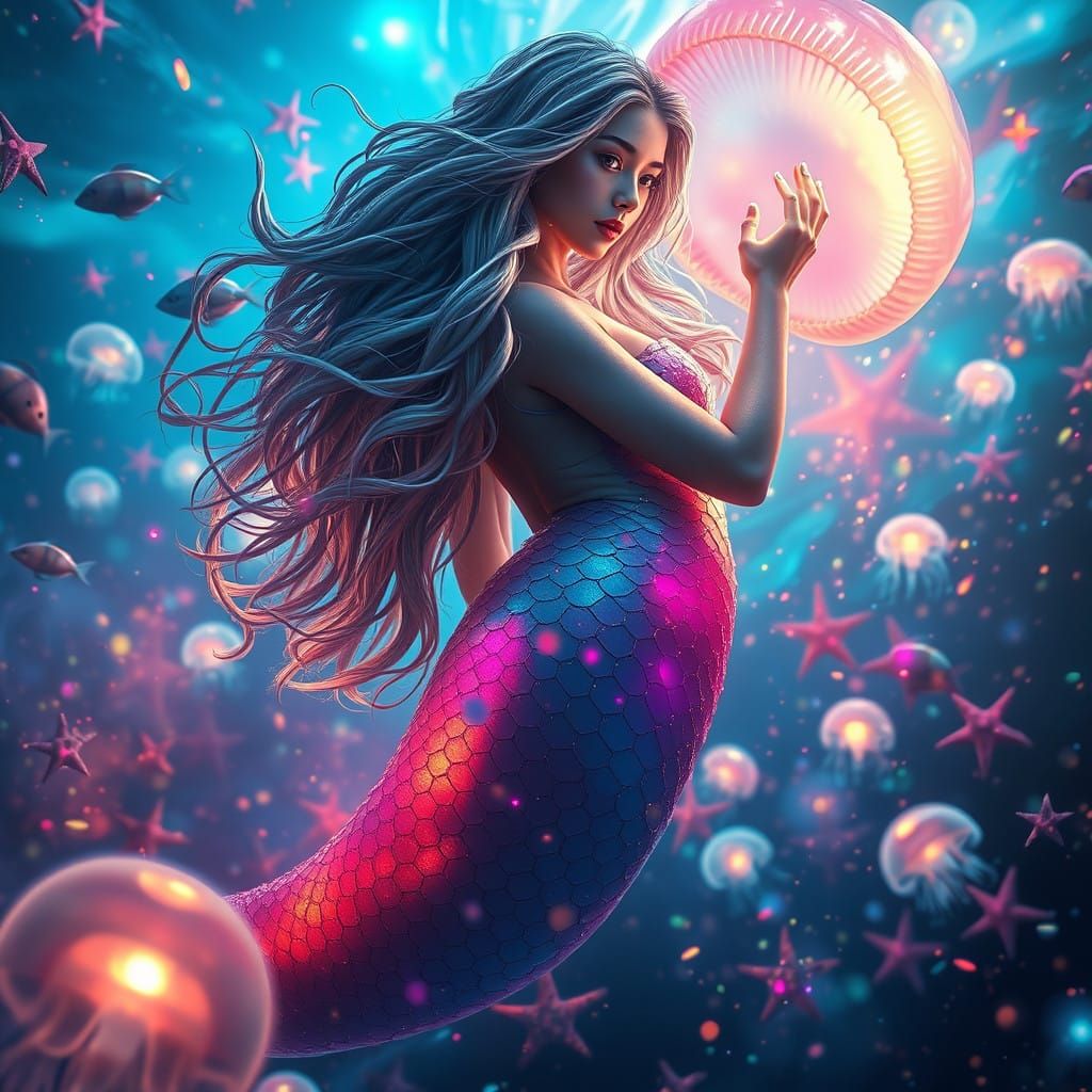 Hyper-Realistic Mermaid Rises from Radiant Ocean in a Kaleid...