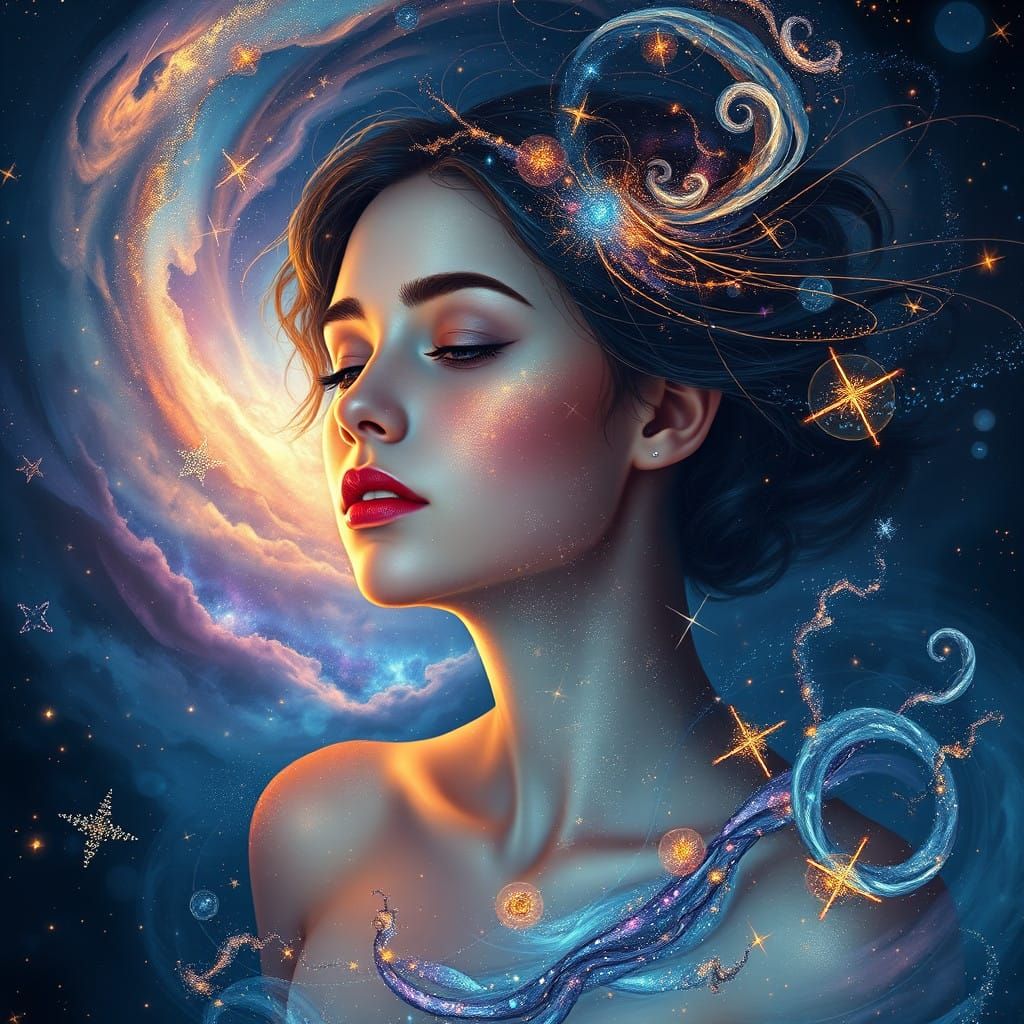 Cosmic Goddess in a Swirling Galaxy Vortex