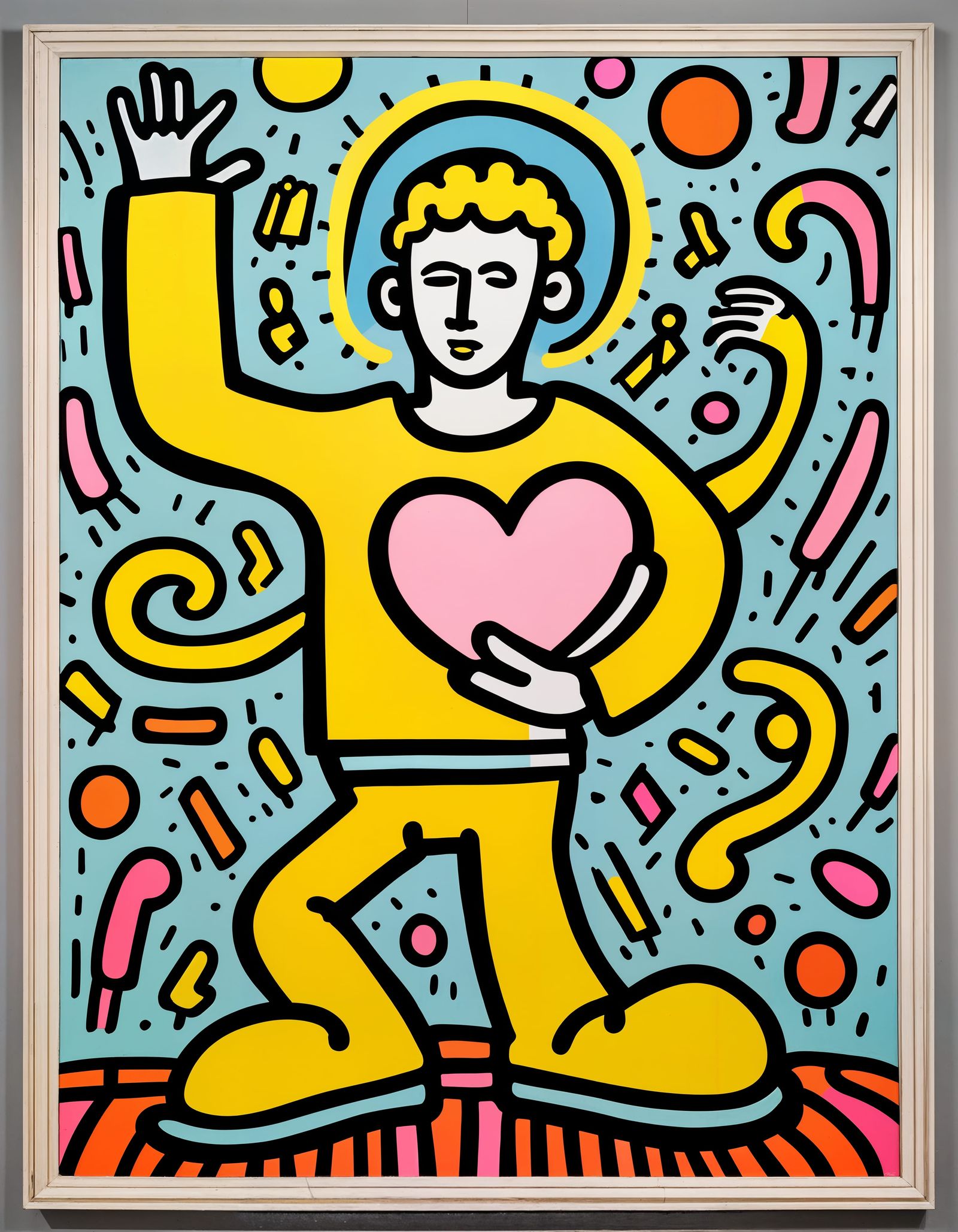 <lora:Pop Surrealism:1.0> Light yellow portrait of a Keith Haring-inspired figure holding a glowing heart, vibrant stree...