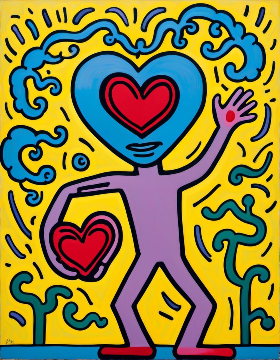 Light yellow portrait of a Keith Haring-inspired figure hold...