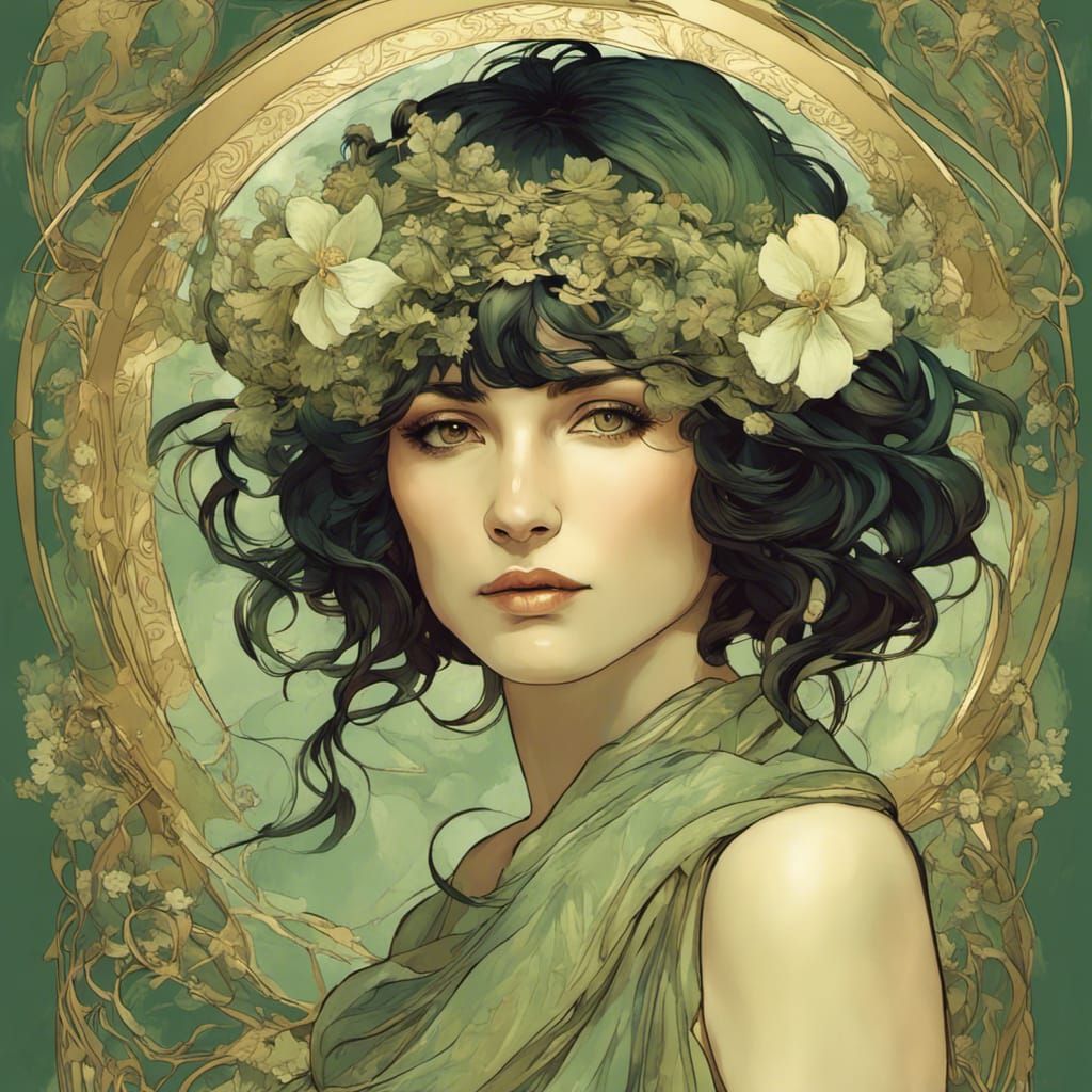 Woman with Flowers in Art Nouveau Style