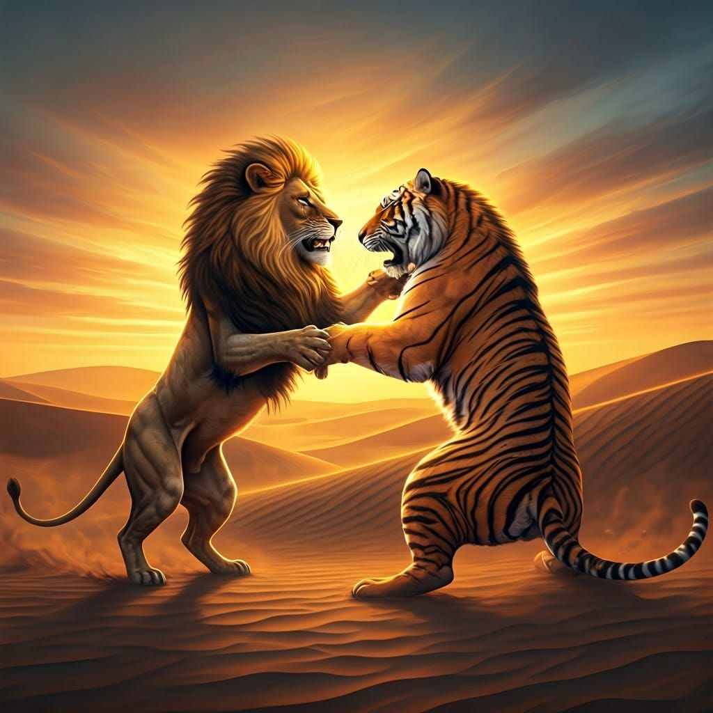 Lion and Tiger Desert Battle in Dreamlike Realism