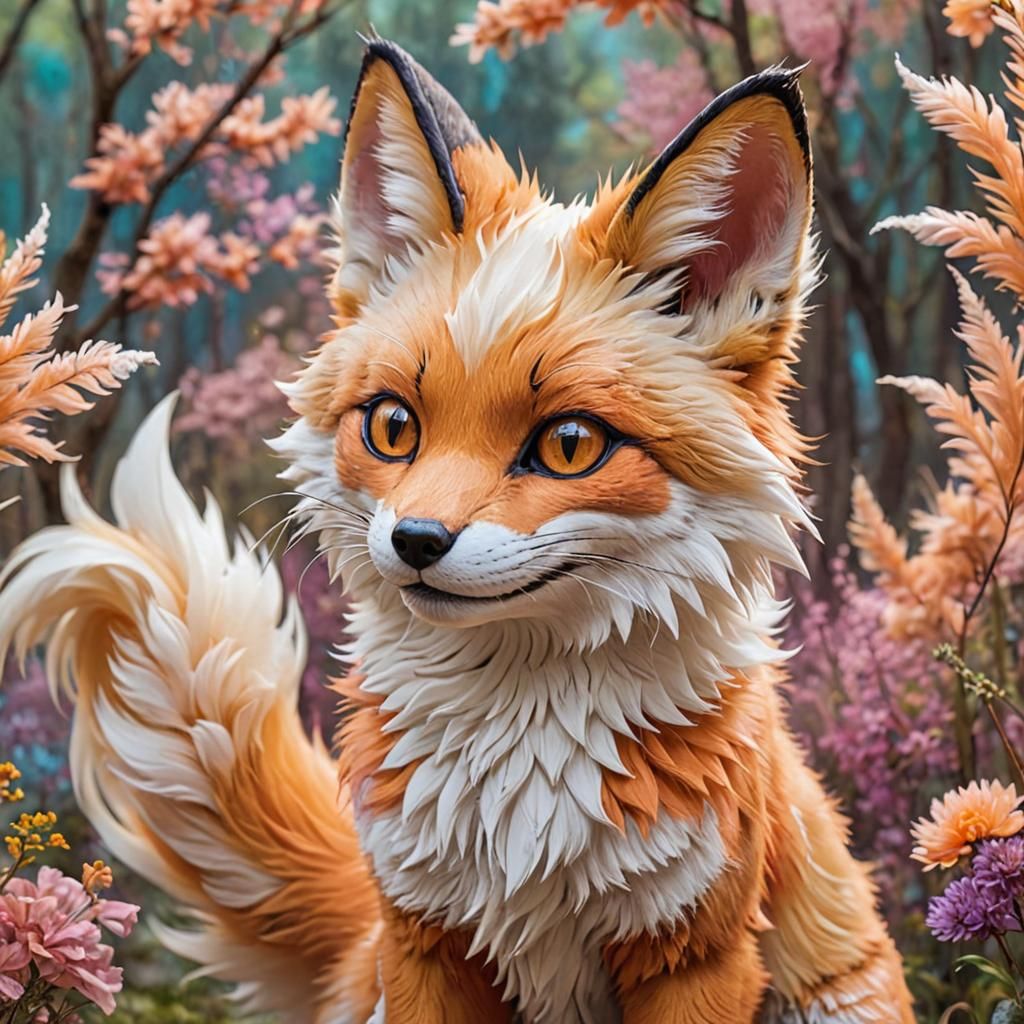 Fantasy Kitsune with Wings in Dreamy Haze