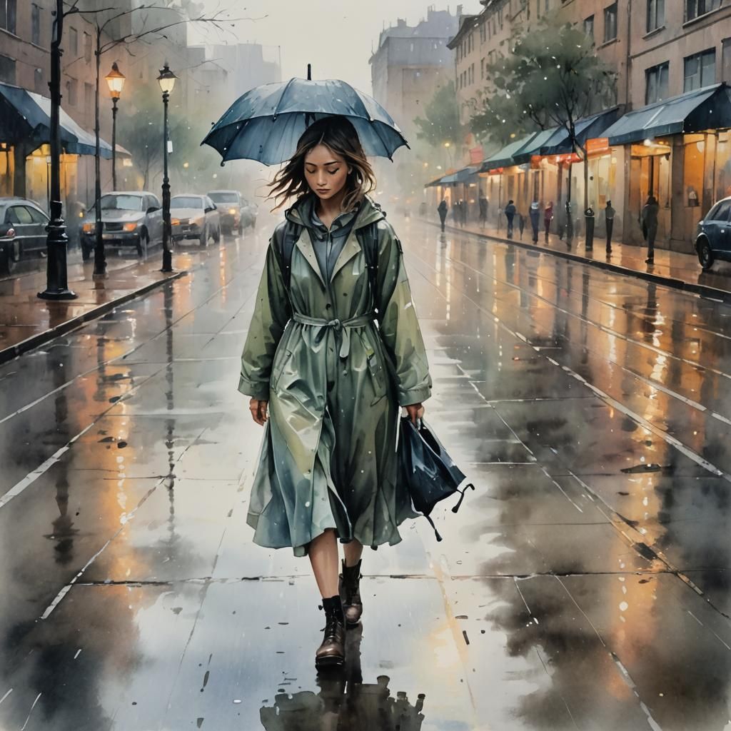 Girl Walking in Rainy European Town as Watercolor